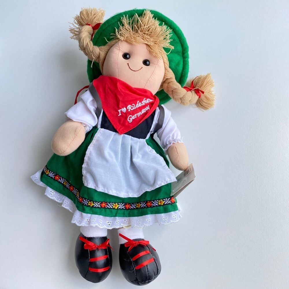 Germany Souvenir Doll Green Dress Pig Tails Plush ES Euro‎ Toys I Love Rudesheim